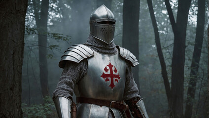 Medieval knight in helmet and armor in a foggy forest after a battle.