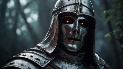 Medieval knight in a scary helmet and armor, close-up portrait. - obrazy, fototapety, plakaty