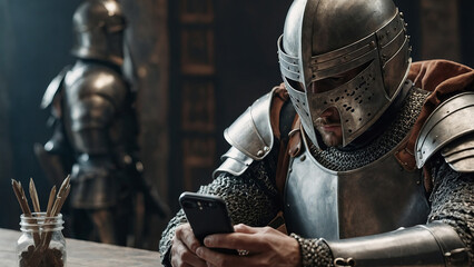 A medieval knight in armor looks at a mobile phone, smartphone. - obrazy, fototapety, plakaty