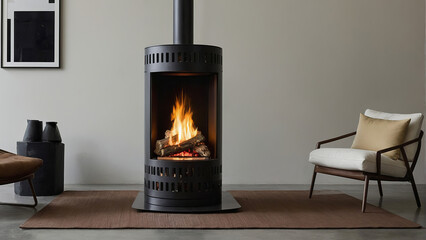 Fashionable modern freestanding fireplace with open fire in the room. - obrazy, fototapety, plakaty