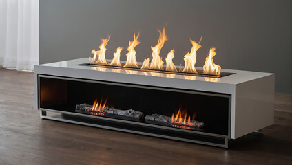Fashionable modern fireplace with open fire. - obrazy, fototapety, plakaty