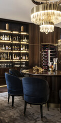 Elegant Modern Home Bar with Luxurious Navy Blue Chairs and Chandelier