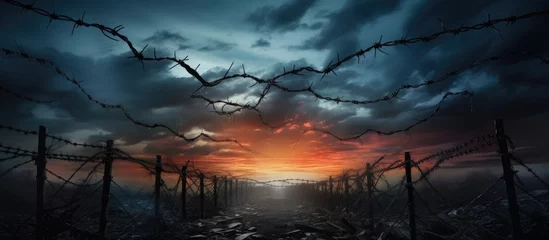 Foto op Plexiglas A barbed wire fence silhouetted against a beautiful sunset sky, with cumulus clouds and a dusky horizon creating a stunning natural landscape © pngking