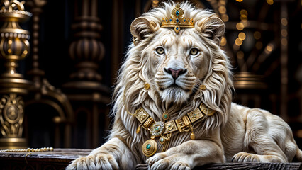A regal white lion sits reverently. He wears a golden necklace studded with jewels and also wears a luxurious royal crown
 - obrazy, fototapety, plakaty