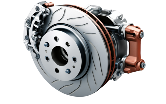 Front brake of a car against a pristine white backdrop