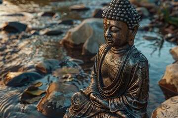 A silver statue of a Buddha is sitting in a river