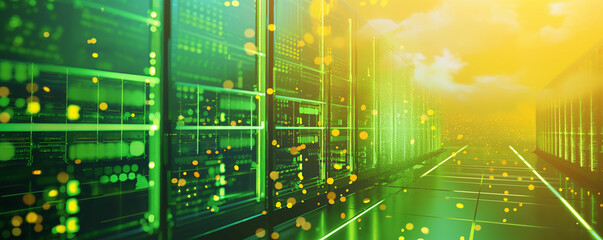 Futuristic Data Center with Glowing Server Racks and Green Lights