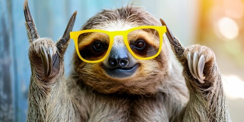 A sloth wearing yellow sunglasses is holding up its right arm