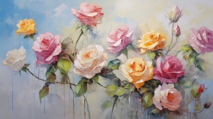 a painting of colourful roses on light textured background, in the style of expressive impasto painting, joyful whimsicality, crisp and delicate, luxurious wall hangings,