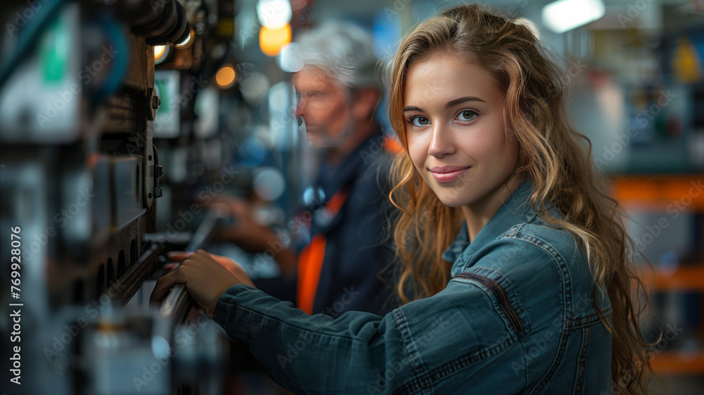 Poster a woman is working at a cnc machine in the workshop of an aluminium processing company.generative ai
