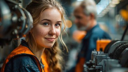 Fototapeta na wymiar a woman is working at a CNC machine in the workshop of an aluminium processing company.generative ai