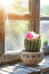 The cactus is in bloom. Ceramic pot. Wooden window and window sill. Close-up. Exquisite cactus flowers adorn the ceramic pot, creating a captivating sight on the window sill.