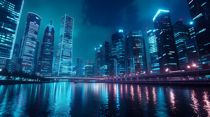 A city skyline is reflected in the water. The city is lit up at night, creating a moody atmosphere