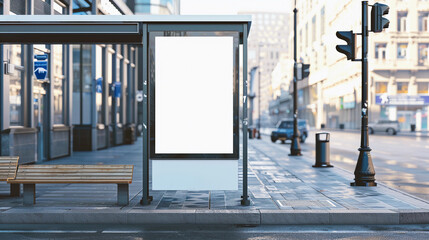 Vertical blank white billboard at bus stop on city street. In the background buildings and road....
