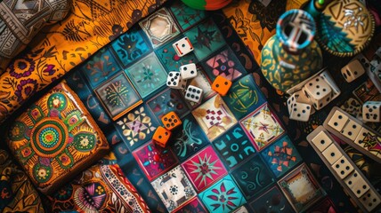 color photo of an exquisite gameboard featuring a fusion of cultural motifs and artistic expressions - obrazy, fototapety, plakaty