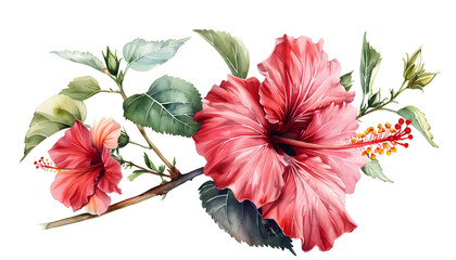 Watercolor hibiscus flower with leaves png - obrazy, fototapety, plakaty