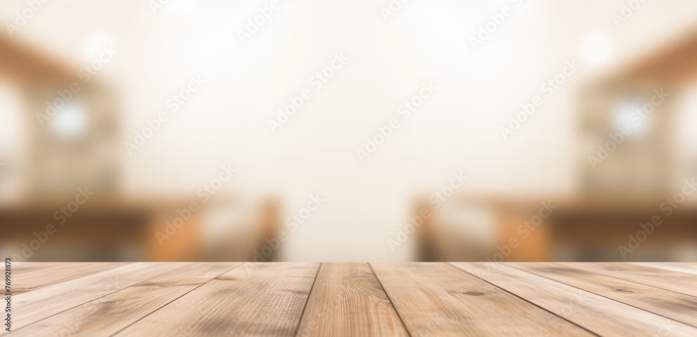 Poster the empty wooden table top with blur background of an office and city. exuberant image. generative a