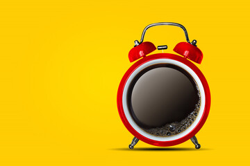 Time alarm coffee and rings bell on yellow background.