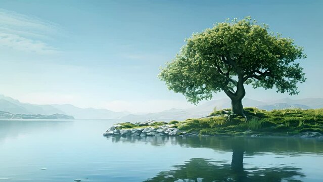 Time-lapse of Solitary Tree on an Island in Serene Lake. A single lush tree stands tall on a small island amidst a tranquil lake, under the bright, sunny sky dotted with clouds.