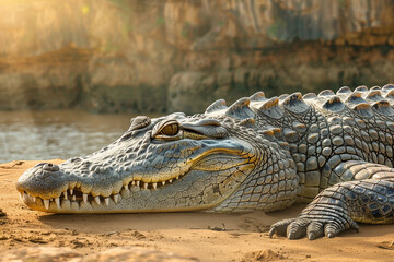 A crocodile laying on the sand with its mouth open - obrazy, fototapety, plakaty