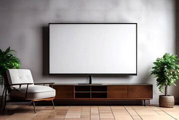 Interior has vintage feel with projector screen. TV white layout with empty copy screen space for advertising. Concepts any company. Copyright space on isolate. Large space for an inscription or logo
