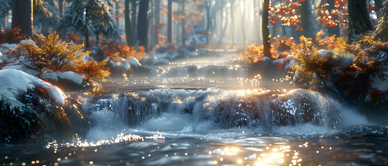 64k, 8k widescreen, wallpaper, amazing lanscape scene, Waterfall cascading through a lush forest in autumn