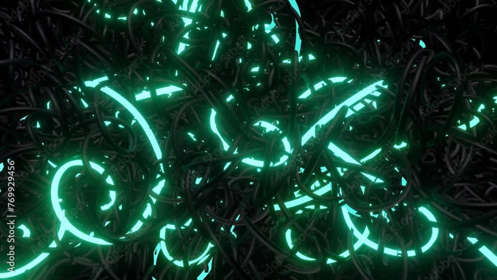 Poster 3d abstract looped background with neon light, multicolored flashes of light bulbs of unusual shapes
