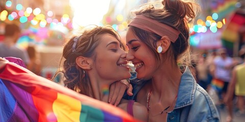 Charming lesbian couple celebrating on pride parade, side view, Vogue magazine style photo, blurred background