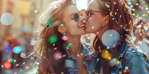 Cute lesbian girls couple kissing and celebrating on pride parade, Vogue magazine style photo, blurred background