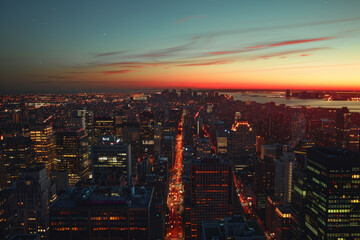 Fototapeta premium A city skyline at night with a beautiful sunset in the background