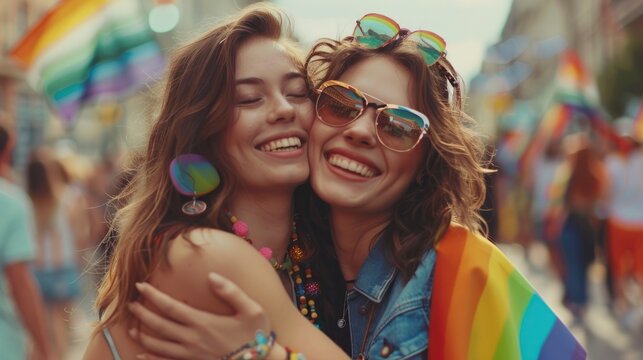 Cute lesbian girls couple hugging and celebrating on pride parade, Vogue magazine style photo, blurred background 