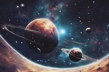 A colorful space scene with large planet in center
