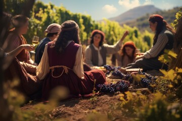 Friends having a picnic in a vineyard.