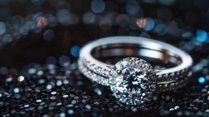 Exquisite silver wedding ring with diamonds close up shoot on black abstract background, professional studio photo