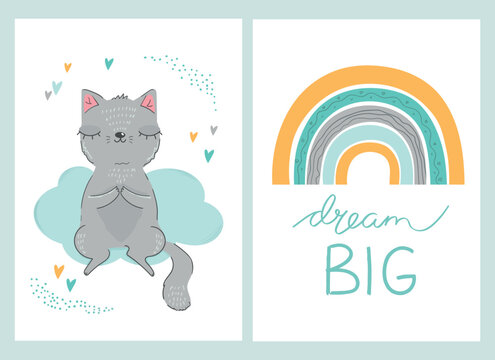 Cute baby cards with a cat and rainbow. Dream big hand drawn quote. For baby shower, invitations, greeting cards. Vector illustrations.