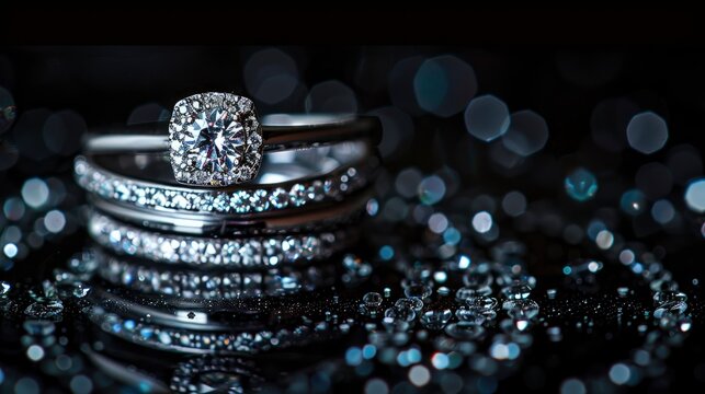 Exquisite silver wedding ring with diamonds close up shoot on black abstract background, professional studio photo 
