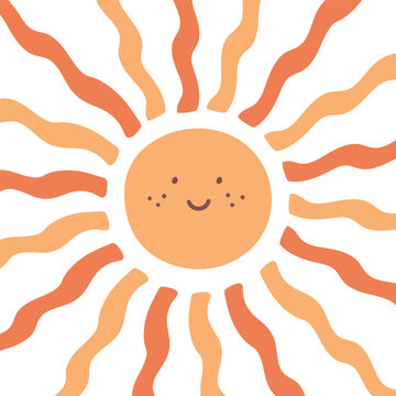 Cute hand drawn smiling sun. Scandinavian style decoration for kids room. Vector illustration