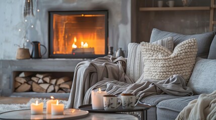 Winter interior with grey sofa, soft cushions, surrounded by plush blankets and pillows, sits in front of the fireplace