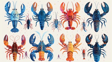 Joyful vector collection of bright lobsters and krakens, showcasing the diversity of life under the sea - obrazy, fototapety, plakaty