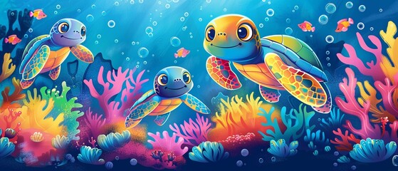Playful turtles in vivid colors, alongside cheerful krakens, vector cartoon of ocean life, marine joy