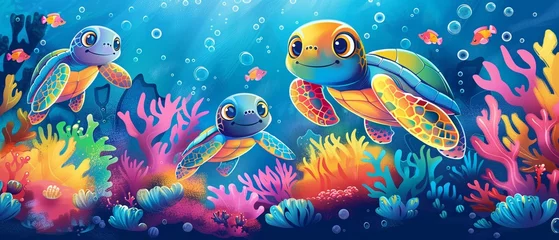 Papier Peint photo Lavable Vie marine Playful turtles in vivid colors, alongside cheerful krakens, vector cartoon of ocean life, marine joy