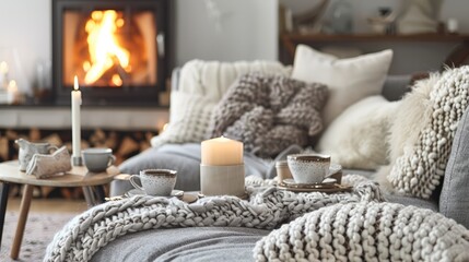 Fototapeta na wymiar A grey sofa with soft cushions, surrounded by warm blankets and pillows in front of the fireplace, creating an inviting atmosphere for relaxation and comfort