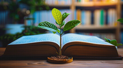 Desk with Plant Sprouting from Open Book