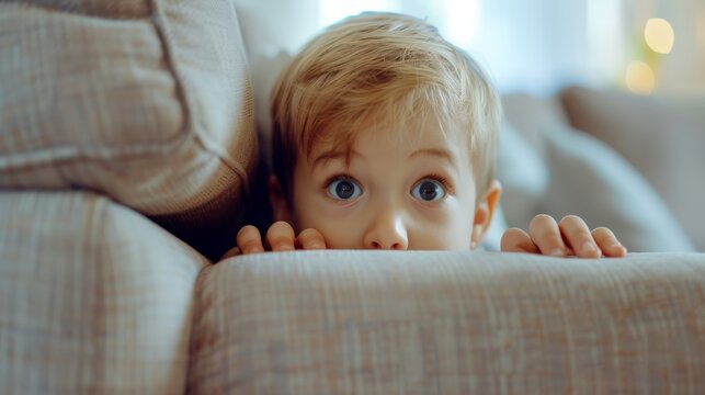 little asian children kid playing hide and seek standing behind the sofa, Adorable child having fun in the home. happy family have fun with kids, activity, learning, activity, game, meditation