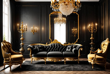 Vintage interior with antique furniture on black background. Old gondola sofa, chandelier and candelabra on table by huge mirror. Gold in black. Copyright space. Large space for inscription or logo