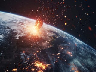Meteorite falling on planet Earth, view from space, realistic graphics