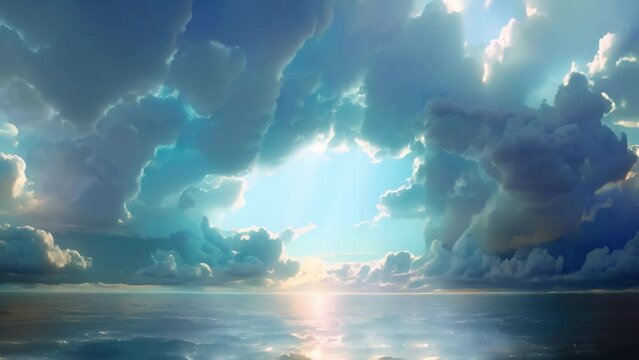 Time-lapse of Majestic Cloud Arch Portal Over Serene Water. A breathtaking scene with a majestic arch of clouds over tranquil water, suggesting a gateway to heaven or the afterlife.