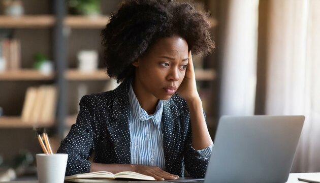 Young woman looking at laptop screen in despair, unemployed female looking through job hunting sites unsuccessfully, frustrated female freelancer fails