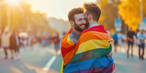 Two beautiful gay men hugging while wrapped in an LGBT flag on pride parade, professional photo, blurred background