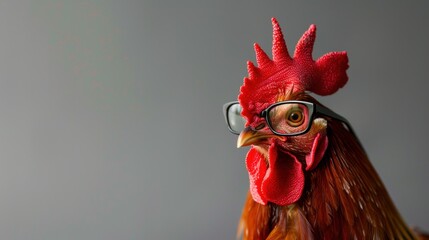 Smart rooster wearing glasses on gray background copy space AI generated image - obrazy, fototapety, plakaty